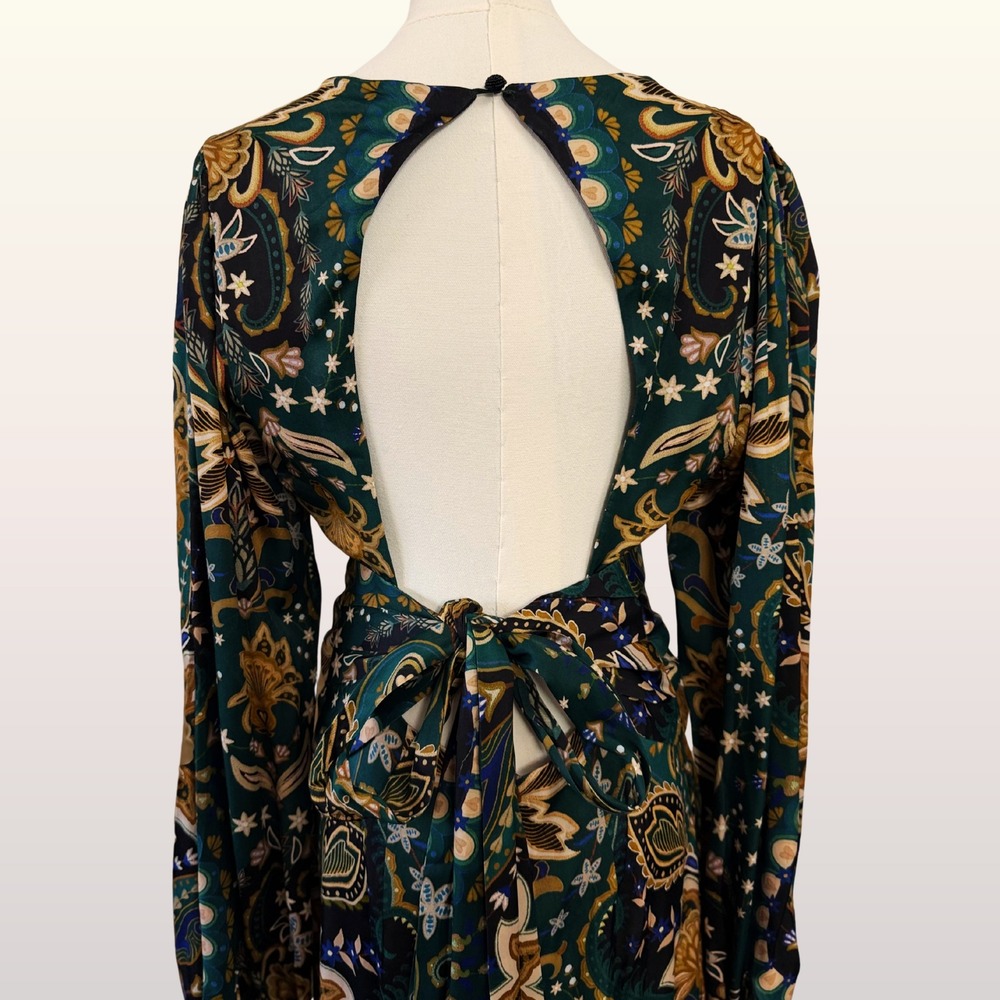 NWT Farm Rio Jaipur Black Maxi Dress Medium Green Paisley Open Back Long Sleeve - Picture 13 of 13